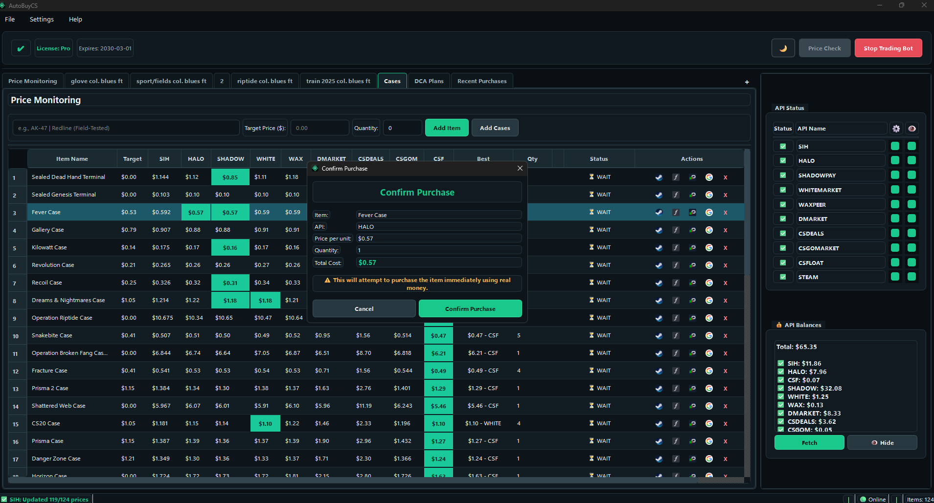 Confirm purchase modal showing item, API, price per unit, quantity, and total cost