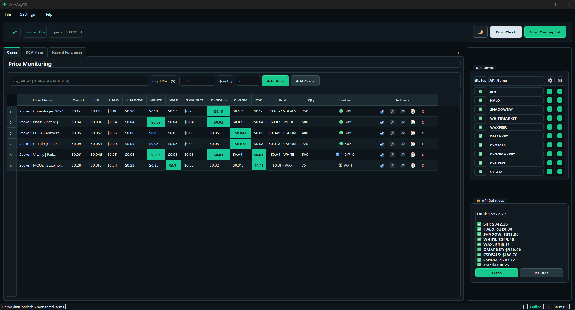 Sticker rows in price monitoring table with best-price columns used for instant buy decisions