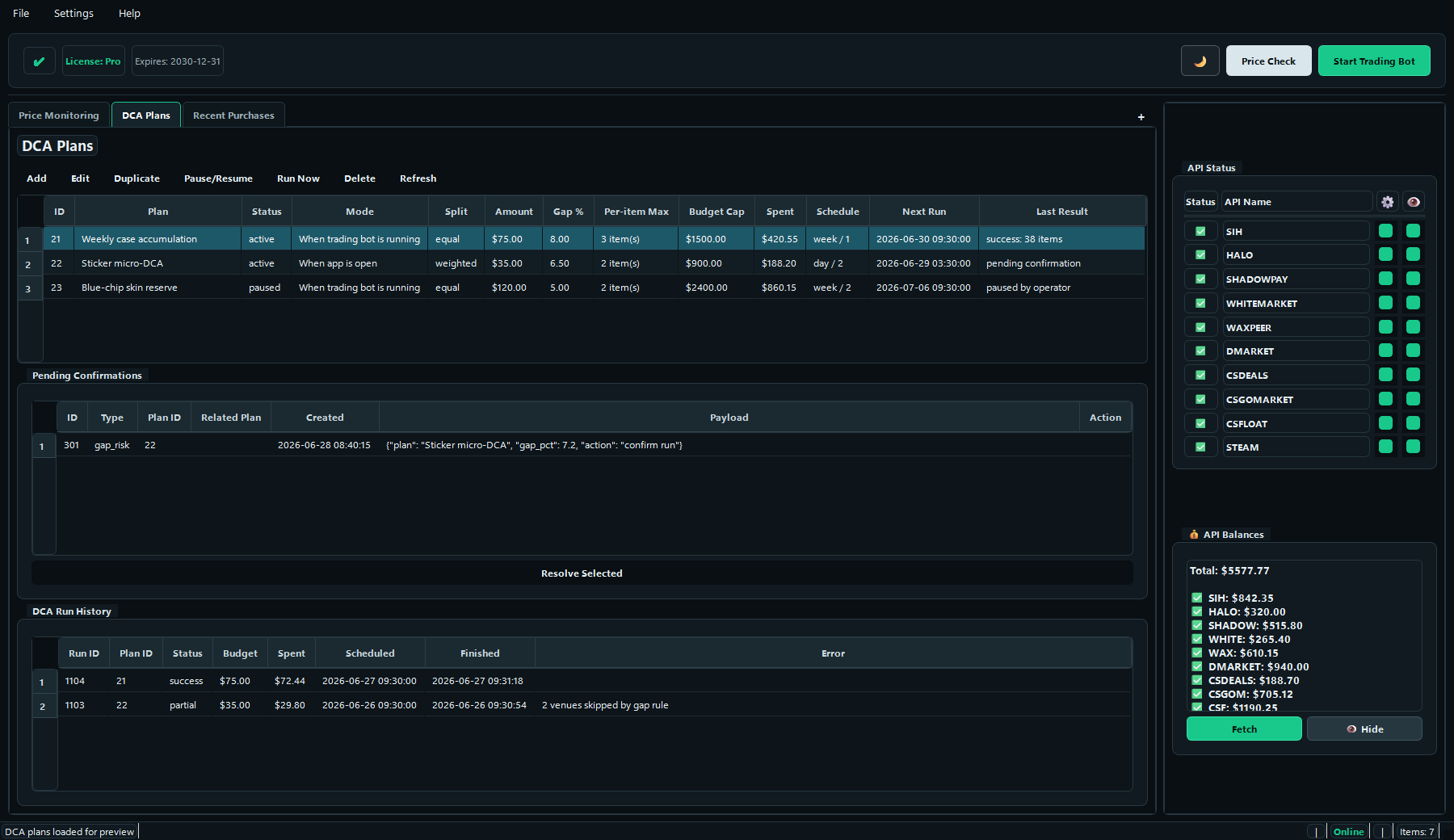 DCA plan editor with schedule, run mode, amount per run, APIs, and plan items