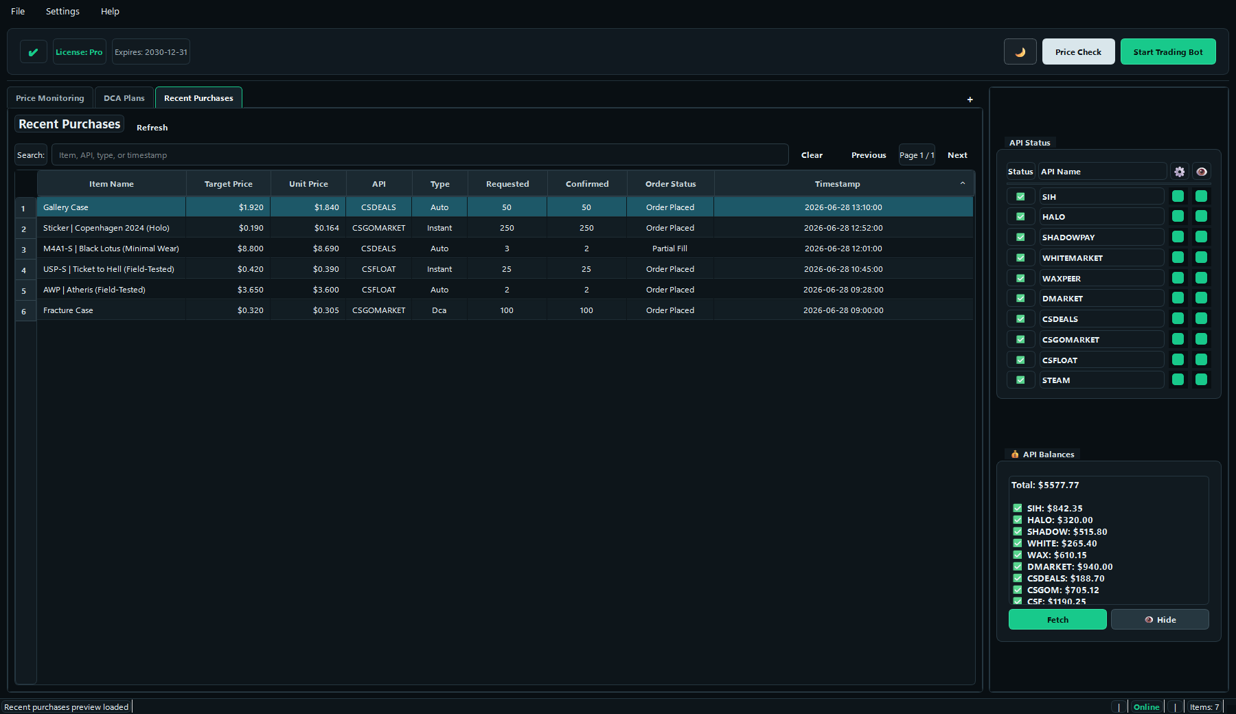 Recent purchases table with item, target price, actual price, API source, type, and timestamp